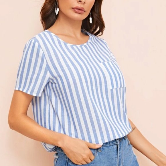 SHEIN Pocket Patched Stripped Blouse - Brand New - Picture 1 of 4